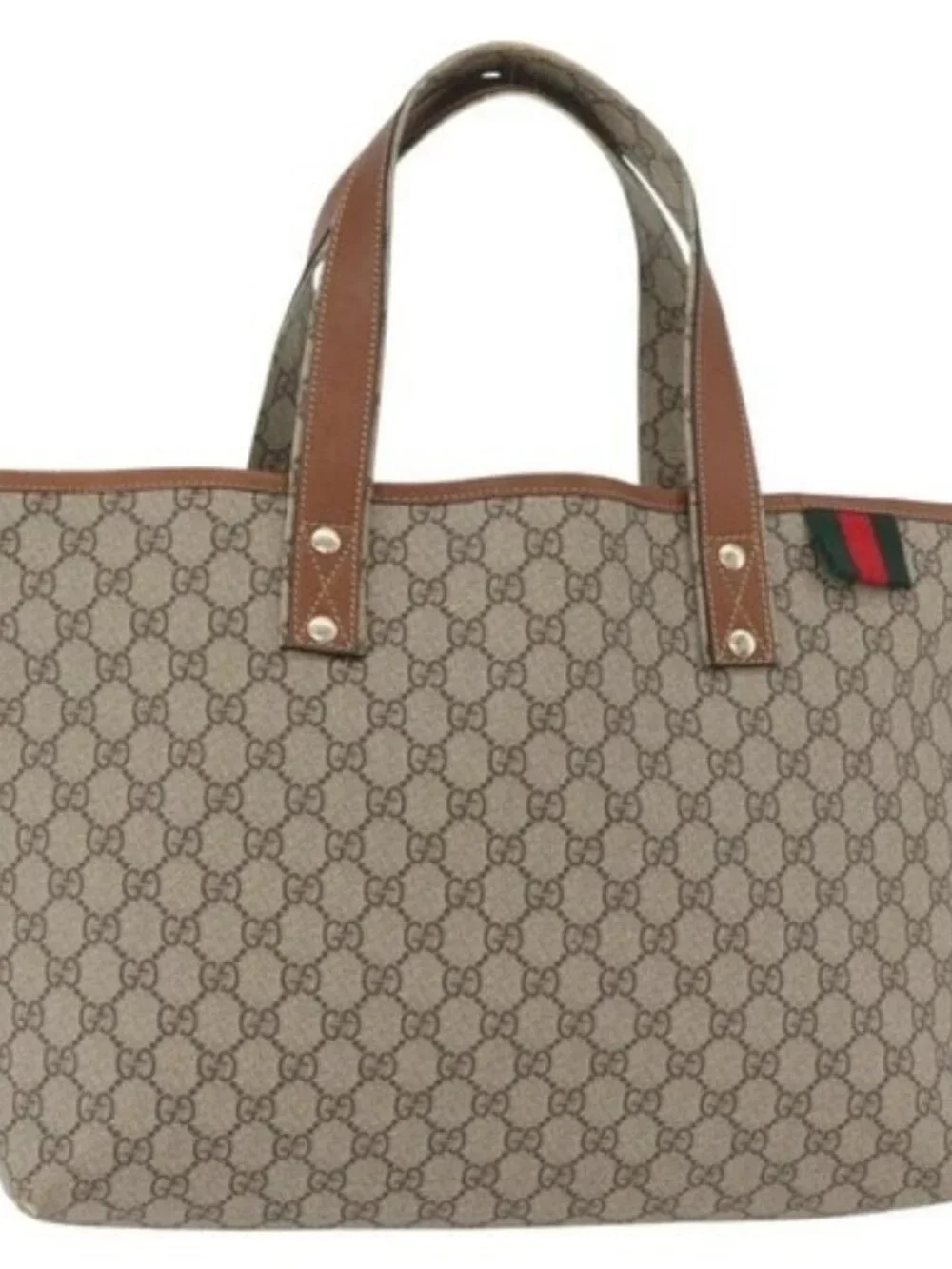 GUCCI GG Supreme Web Sherry Line Tote Bag PVC Beige Gold 211134 Auth BA13026